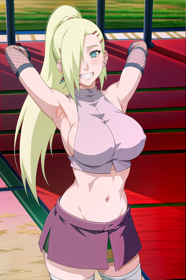  (yamanaka ino:1.2), hair down,(masterpiece, best quality:1.2), illustration, absurdres, highres, extremely detailed,cheerleader,white Stocking,platform footwear,student,unbuttoned white shirt,tank top,tube top,top down bottom up,breast biting,covering nipple,Giddy face,Happy face
