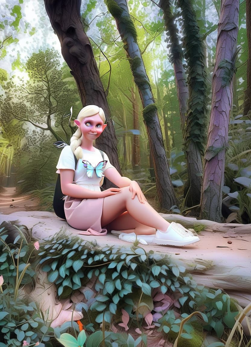  pixar style. save the woman's face from the original photo. she's a forest elf. behind her, she has large open wings of a butterfly. a fabulous, mysterious forest in the background. next to the girl is a cute white rabbit and a white hedgehog.