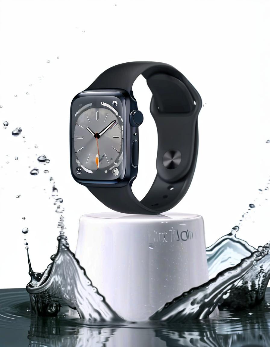  smart watch on a white stand for demonstration, around a splash of water, white background, reflection of the clock in water, film photography style