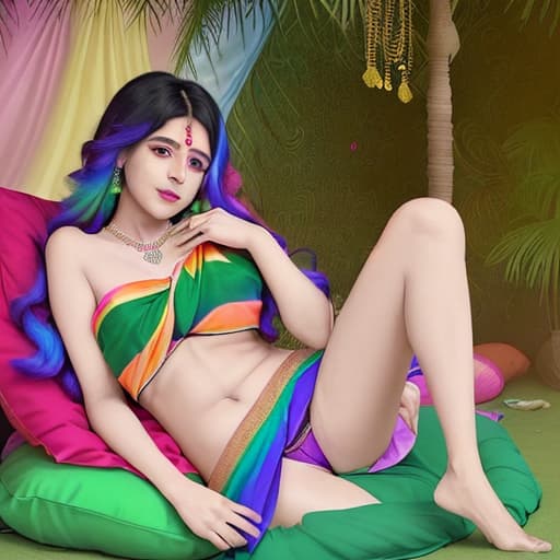  28age indian lady wear saree rainbow color and sexy boops hair rainbow color and she lying different in the circle it was covered by green leaves and she show sex positions like lying pillows