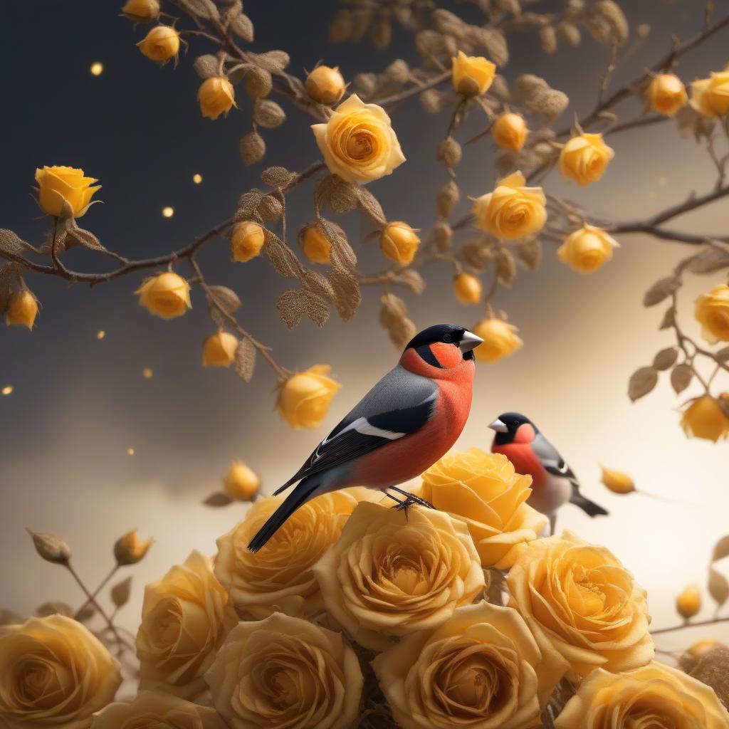  Knitted bullfinch wool, yellow roses, gold brocade background, realistic color photo hyperrealistic, full body, detailed clothing, highly detailed, cinematic lighting, stunningly beautiful, intricate, sharp focus, f/1. 8, 85mm, (centered image composition), (professionally color graded), ((bright soft diffused light)), volumetric fog, trending on instagram, trending on tumblr, HDR 4K, 8K