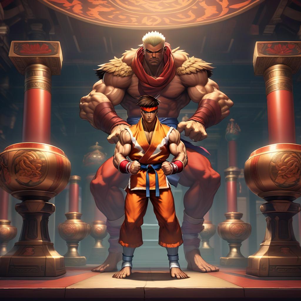  street fighter style a man with the head of a hawk raised a scarf over his head, looks directly in front of him, in front of him five pedestals with bowls on each, behind a chamber room in muffled tones . vibrant, dynamic, arcade, 2d fighting game, highly detailed, reminiscent of street fighter series