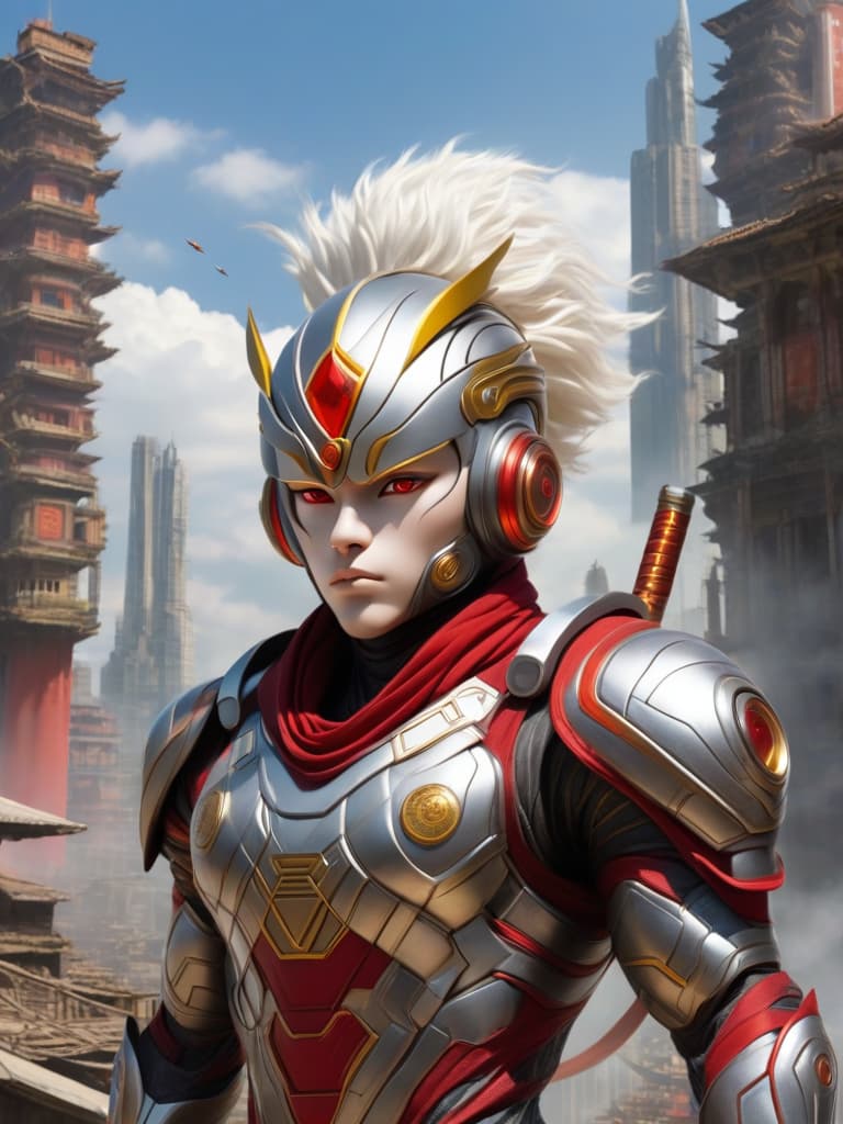  the future warrior style sun wukong, the robotic eye and high tech armor, the silver and red color, with a jet backpack behind its back, with a future gold stick, in the background of the sci fi city ruins, a strong metallic feeling, moving positions, and images of tension and the future。