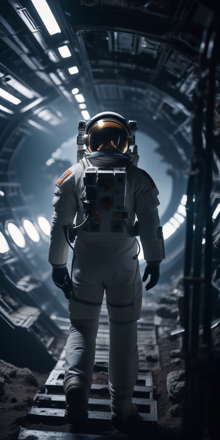  cinematic film still abandoned space station, destruction, an astronaut with a weapon inspects, darkness, darkness, horror . shallow depth of field, vignette, highly detailed, high budget, bokeh, cinemascope, moody, epic, gorgeous, film grain, grainy