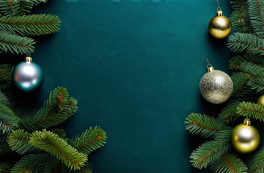  professional detailed photography, new year vertical dark turquoise background with gold and silver balls on fir branches with space for text ar 3:2, (muted colors, dim colors, soothing tones), (vsco:0.3)