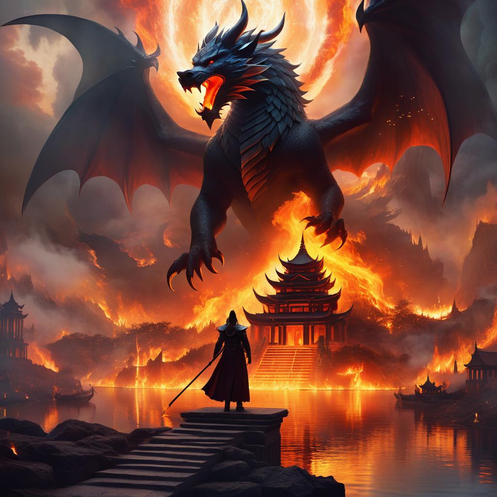  ethereal fantasy concept art of show me hell, fire everywhere, a temple in the background, a lake on fire, demonic creatures everywhere, chaos, hyperrealistic. magnificent, celestial, ethereal, painterly, epic, majestic, magical, fantasy art, cover art, dreamy