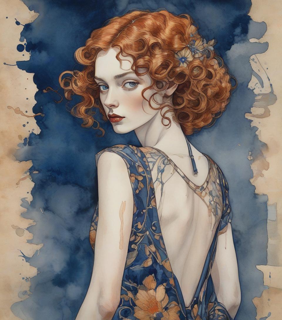  portrait of a beautiful sensual woman in elegant floreal dress in art deco by annigoni, egon schiele, milo manara, botticelli, catrin welz stein, jean metzinger, klimt, perfect eyes, perfect handsface, highly detailed, complementary colors, hyper detailed. watercolor and ink splatter, dynamic pose, dark blue background , watercolor, trending on artstation, sharp focus, studio photo, intricate details, highly detailed, by greg rutkowski, watercolor, trending on artstation, sharp focus, studio photo, intricate details, highly detailed, by greg rutkowski