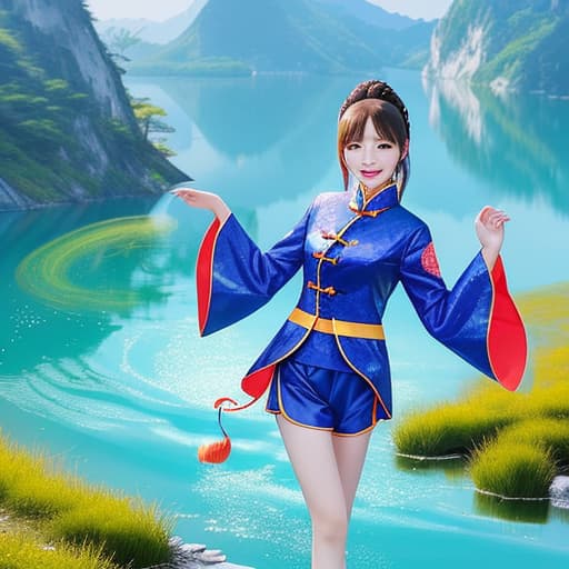  Generate a photo of a Chinese girl dressed in a Tang suit, door in a sparkling lake,