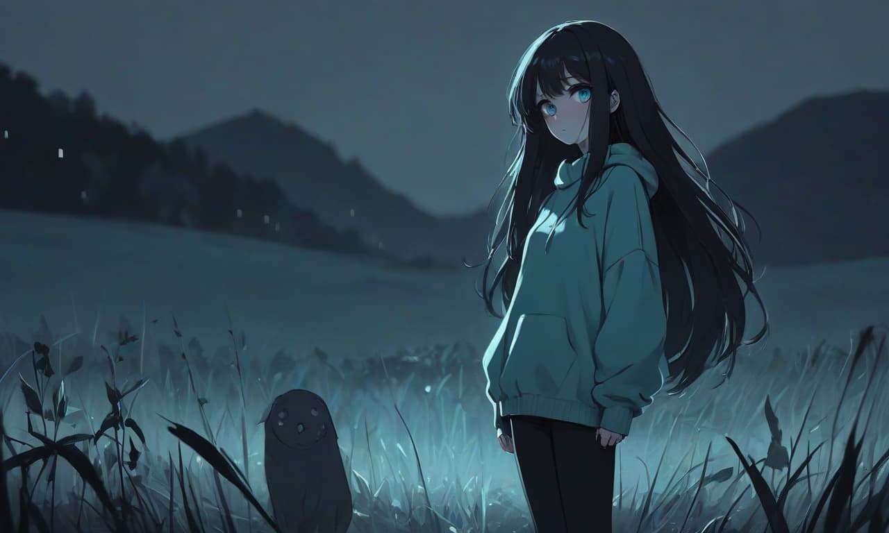  monochrome image for music in the genre of breakcore in gloomy style. a girl in the anime style with long black hair stands in an empty and night field dressed in a sweater of warm and pastel color and pants. the girl looks into the darkness with black lower eyelids under the eyes full of fear of the unknown and curiosity, and the bright turquoise eyes themselves stand out against the background of everything. the image uses warm and bed tones . black and white, contrast, tone, texture, detailed