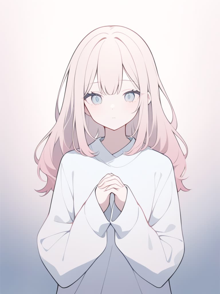  a soft,melancholic ilration featuring a with long,tousled hair.her expression is calm yet distant,with slightly downcast eyes that evoke a sense of quiet introspection. the coloring uses muted,pastel tones,particularly light blues and soft pinks,blending smoothly with minimal contrast. she wears an oversized shirt with the sleeves slightly covering her hands,giving a relaxed,comfortable vibe. the background is simple,fading into abstract shapes and soft gradients that enhance the dreamy,ethereal atmosphere of the scene. the artwork has clean lines,subtle shading,and a focus on delicate details,especially around the character's face and hair.