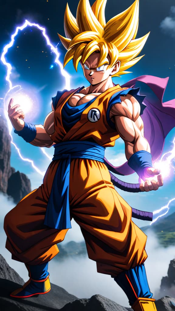  anime art: goku as super saiyan god defeats beerus in an epic battle. hyperrealistic, full body, detailed clothing, highly detailed, cinematic lighting, stunningly beautiful, intricate, sharp focus, f/1. 8, 85mm, (centered image composition), (professionally color graded), ((bright soft diffused light)), volumetric fog, trending on instagram, trending on tumblr, HDR 4K, 8K