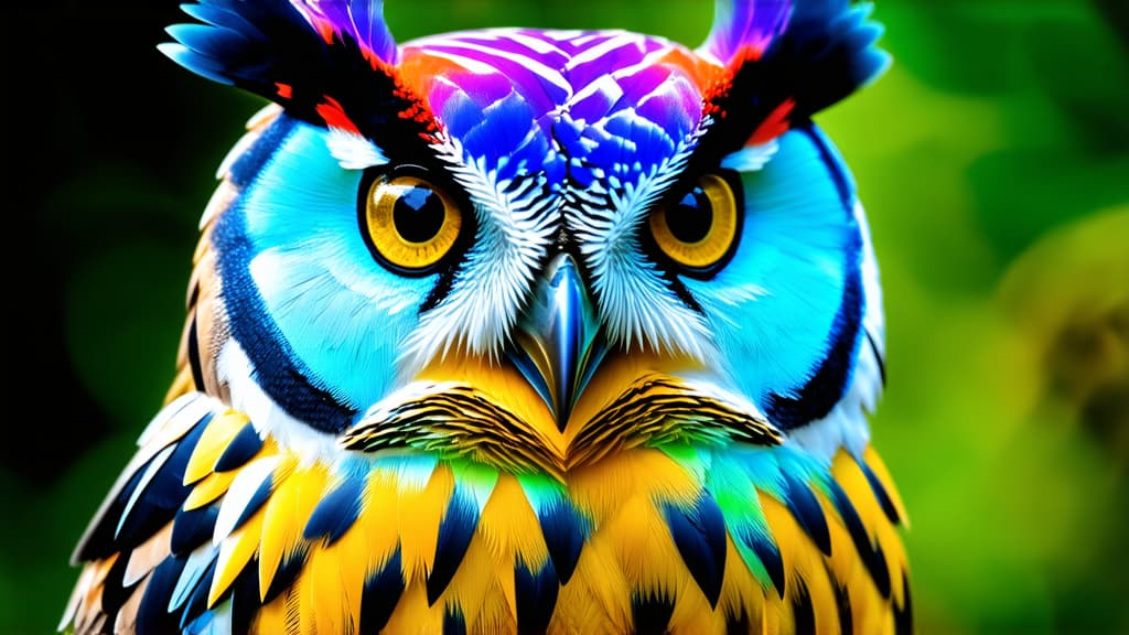  an owl with multicolored iridescent feathers, ar 16:9 {prompt}, maximum details