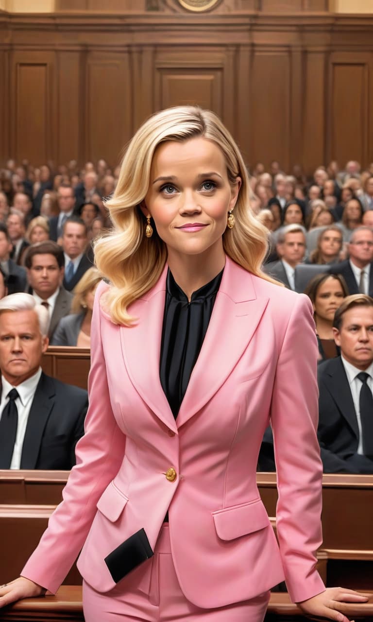  concept art color pink, white, black, gold courtroom young reese witherspoon to the waist in a pink suit speaks before the judge blonde . digital artwork, illustrative, painterly, matte painting, highly detailed, perfect hands