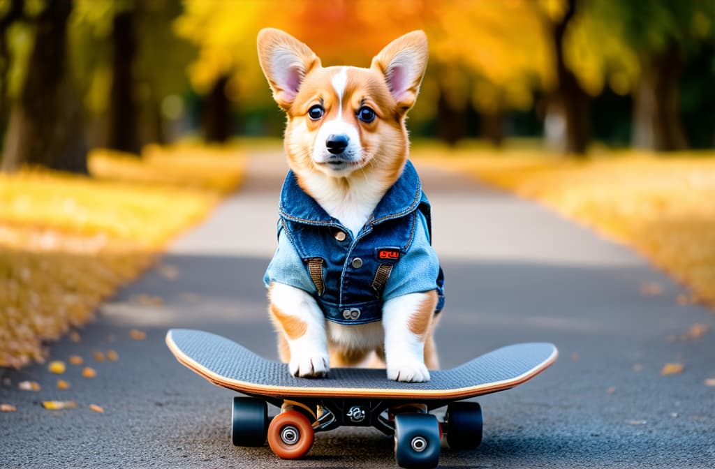  advertising style, stock photo, corporate branding style a corgi puppy stands with four paws on a platform skateboard on an asphalt path in an autumn park in a denim sleeveless jacket . professional, clean, modern, product focused, commercial, eye catching, minimalist, business oriented, highly detailed