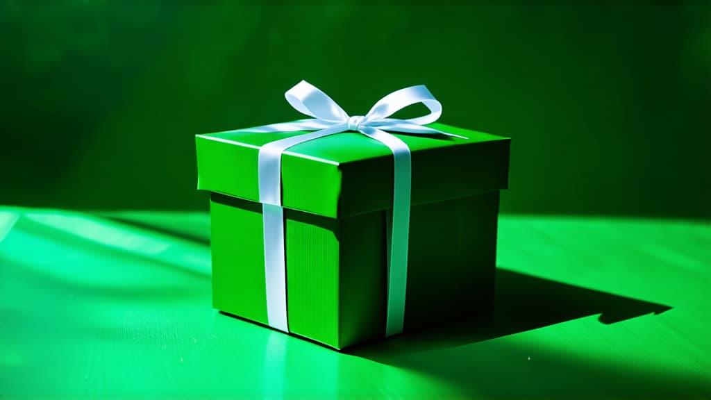  cinematic film style, green gift boxes with white ribbons on green background ar 16:9, shallow depth of field, vignette, maximum details, high budget hollywood movie, bokeh, cinemascope, moody, epic, gorgeous, sun rays and shadows on furniture and surfaces, flattering light, raw photo, photography, photorealistic, 8k resolution, f1.4, sharpened focus, sharp focus