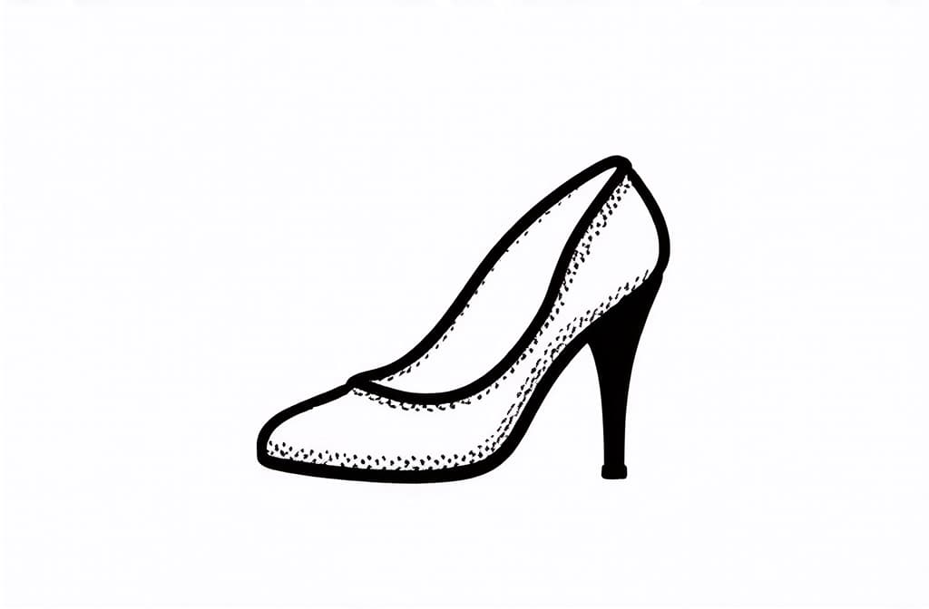  contour, very simple image in one unbroken black ink line, single line of elegant women shoe, engraving illustration, icon isolated on white background ar 3:2 using a single continuous black line ink brushon white background, drawing should be created without lifting the pen, recognizable features of elegant women shoe, engraving illustration, icon isolated on white background ar 3:2 in one unbroken line