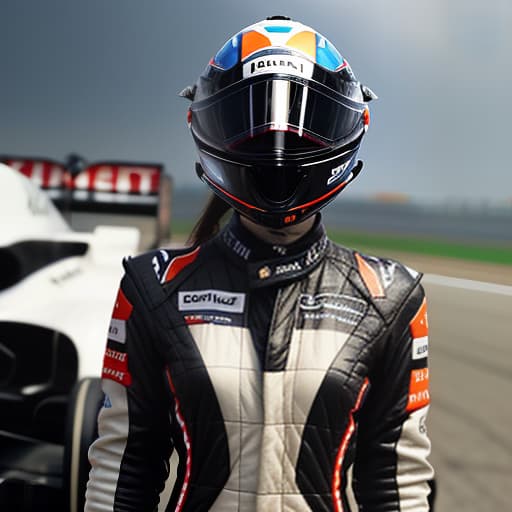  girl. she's wearing a formula 1 racesuit. team mclaren. face hidden under the helmet