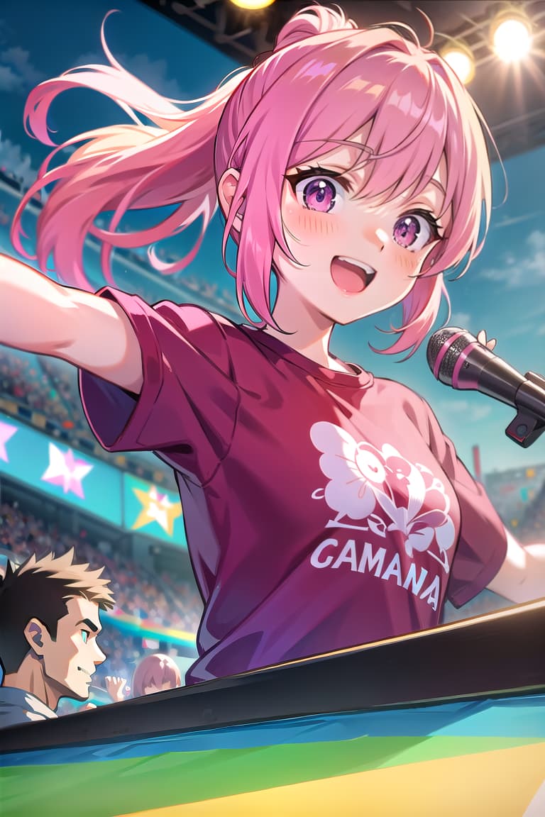  r 18, , middle , ,random situation, pink haired ,ponytail,large eyes,selfie at a concert, excited expression, band t shirt