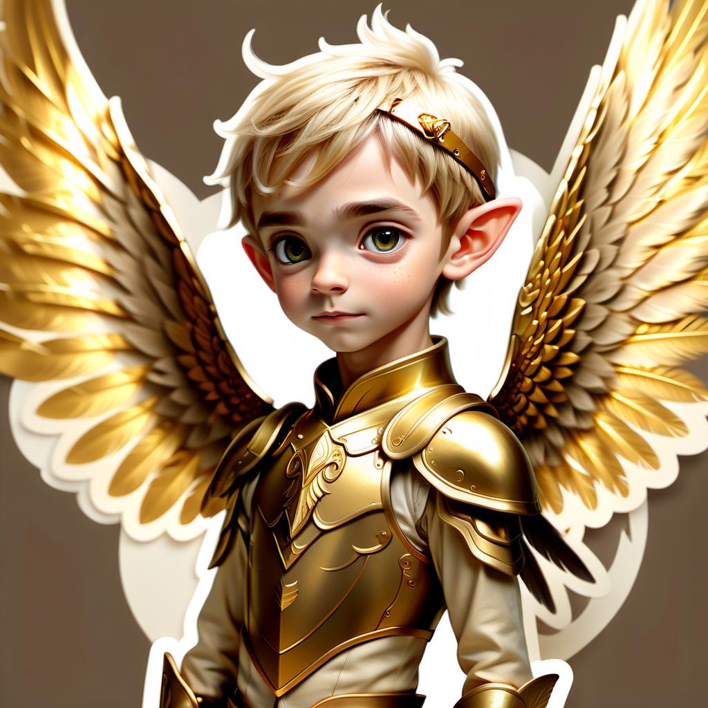  perfect world, elf, feathers on the head, wings behind the back, boy , bow in hands, armor, beige tones, gold, sticker, sticker