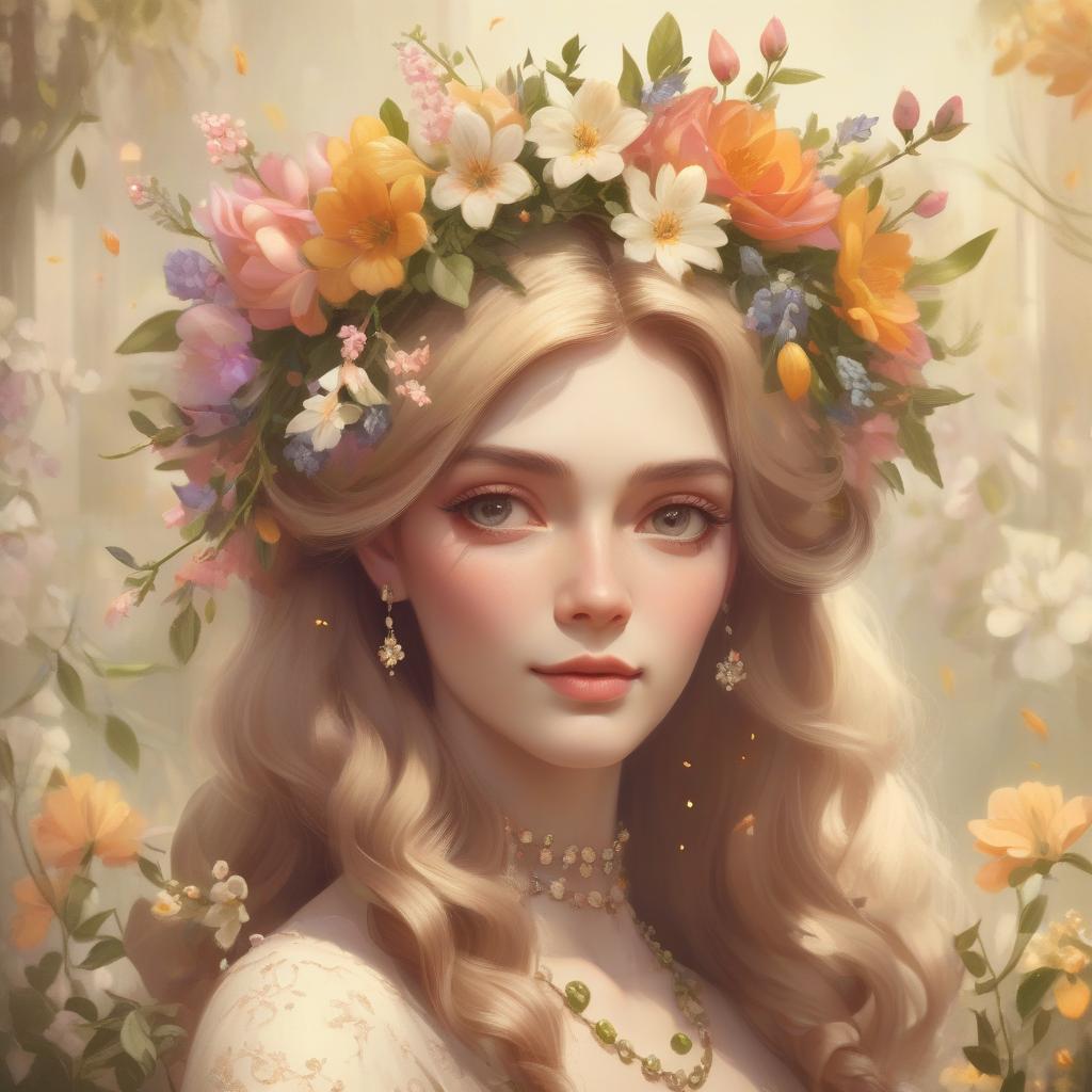  concept art vintage spring queen portrait with flowers and flowers garland in the hair, warm atmosphere . digital artwork, illustrative, painterly, matte painting, highly detailed