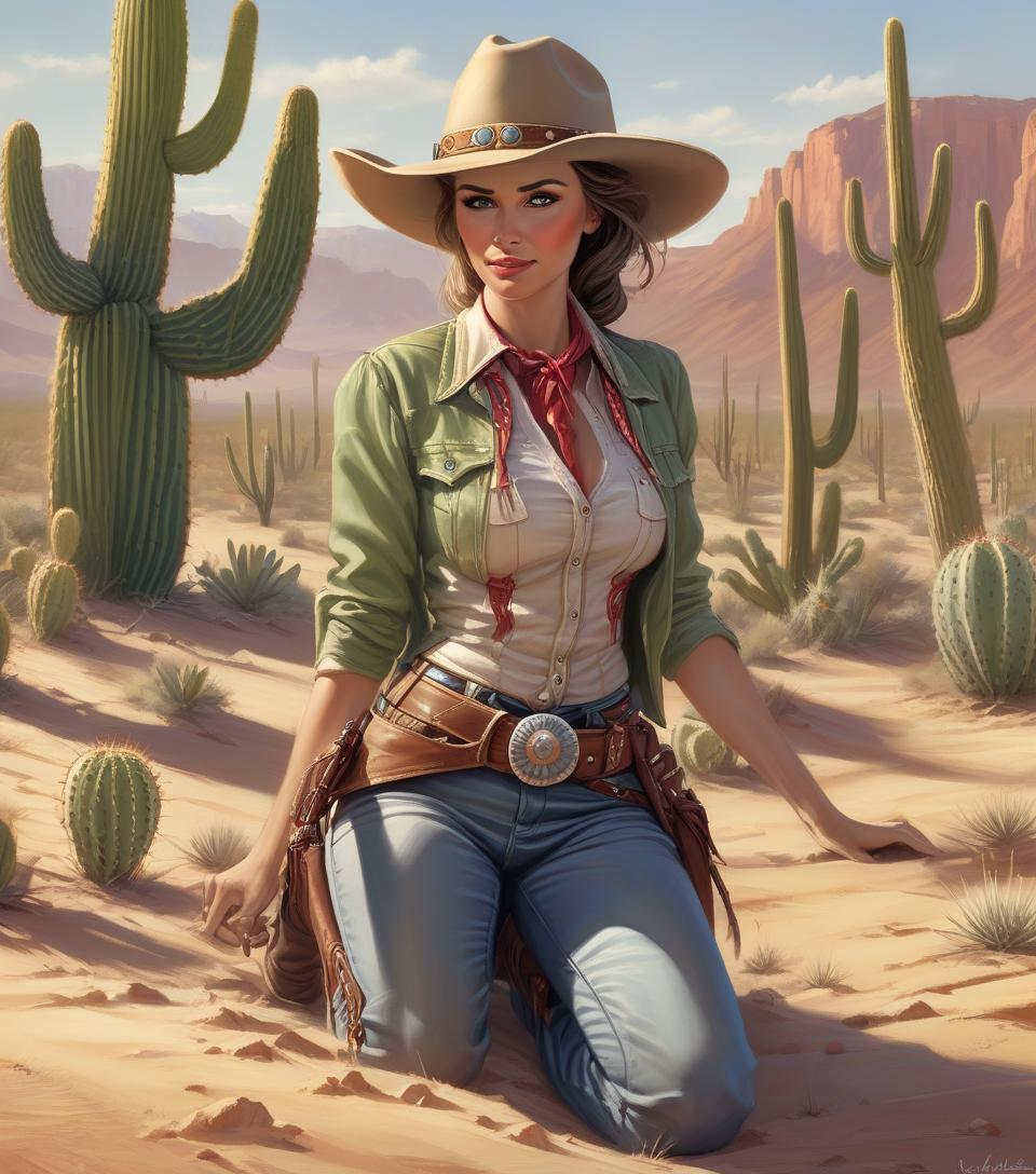  arafed woman in cowboy outfit kneeling in desert with cactus, female cowgirl, by mort künstler, by magali villeneuve, by pamela ascherson, highly detailed digital painting, cowgirl, western art, in stunning digital paint, western cowgirl, realistic digital painting, smiling woman, photorealistic digital painting, ultradetailed digital painting