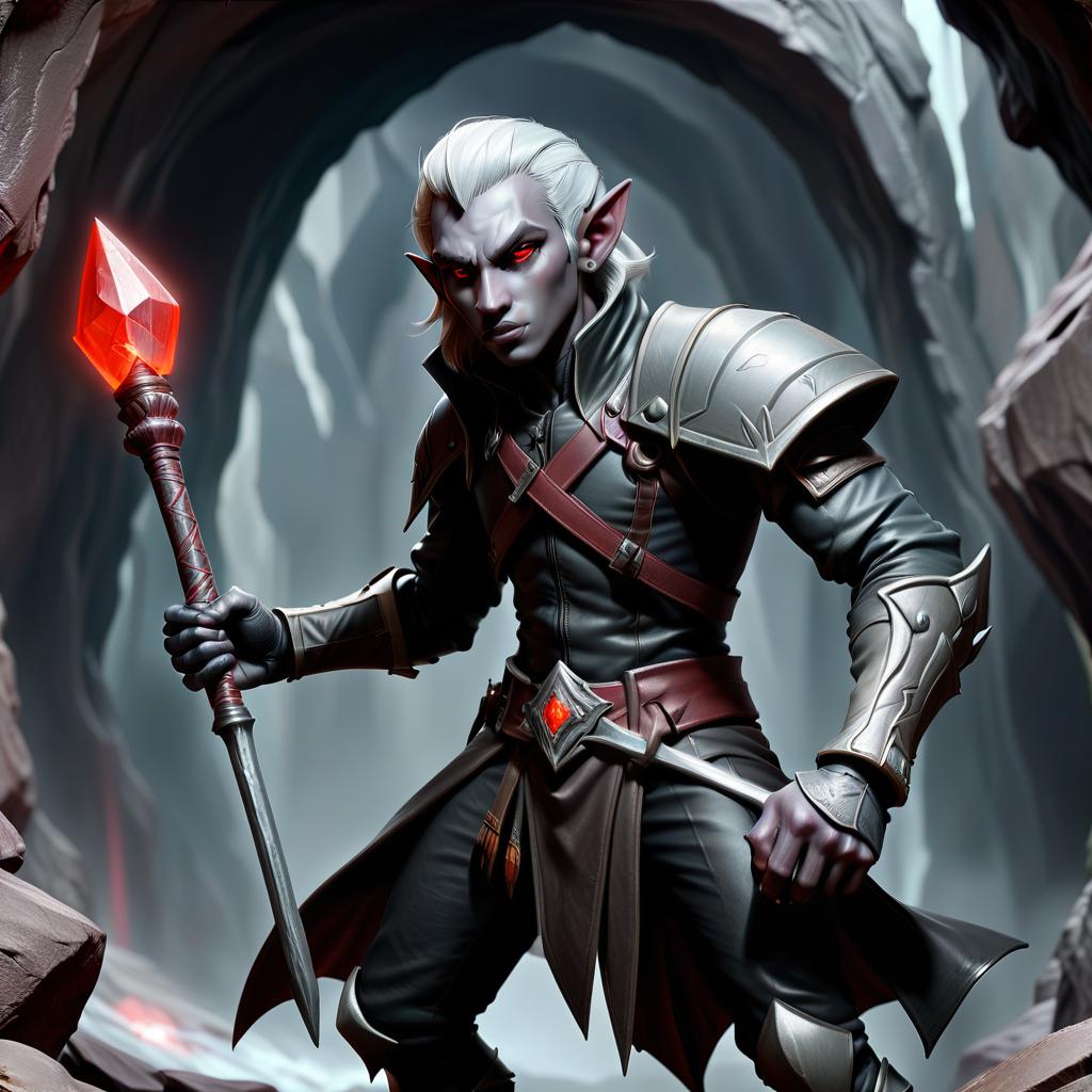  role playing game (rpg) style fantasy drow male elf cleric, dark grey graphite color skin, red eyes, silver medium haircut, black leather jacket, iron battle mace, impudent arrogant rude face, traveler shoulder bag, half body view, action pose, in defence, dark cave temple . detailed, vibrant, immersive, reminiscent of high fantasy rpg games, civitai