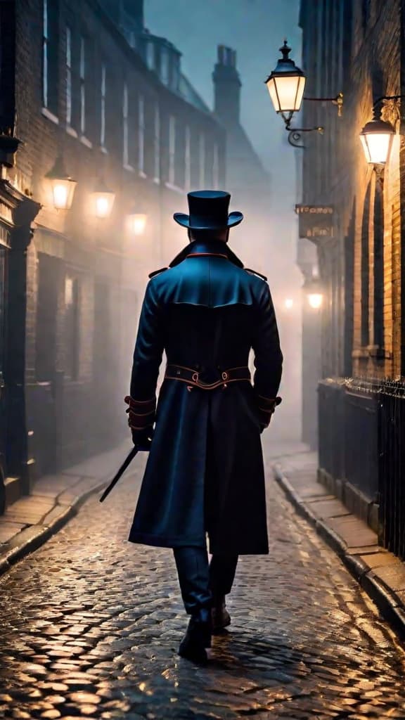  foggy victorian london streets, shadowy figure jack the ripper lurking, dark alley, eerie atmosphere, mystery art hyperrealistic, full body, detailed clothing, highly detailed, cinematic lighting, stunningly beautiful, intricate, sharp focus, f/1. 8, 85mm, (centered image composition), (professionally color graded), ((bright soft diffused light)), volumetric fog, trending on instagram, trending on tumblr, HDR 4K, 8K