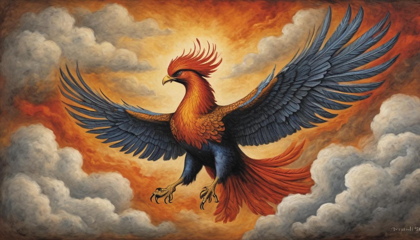  on parchment, surrealism++, majestic phoenix soaring above stormy clouds, wings wide open, fiery plumage, sense of invincibility and ascendancy(mysterious, provocative, symbolic)++