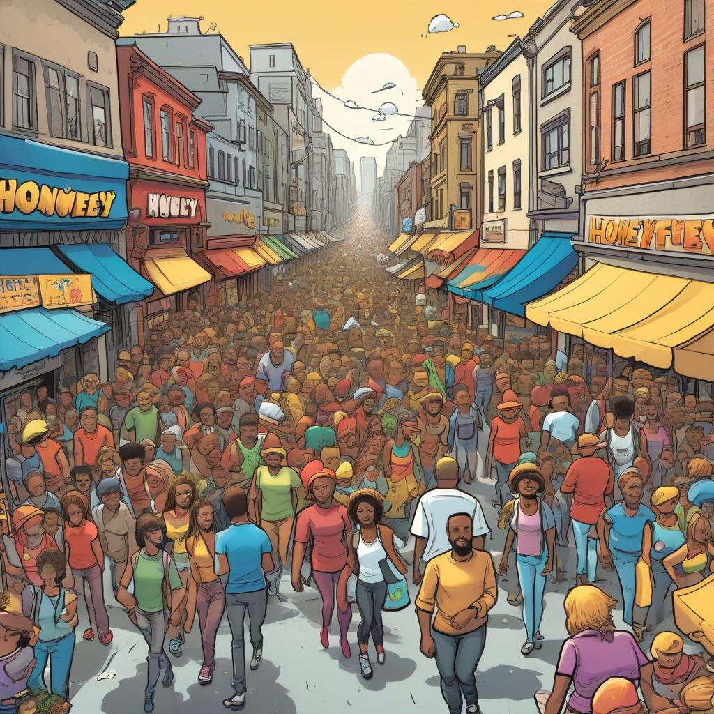  colored comic book image. the street where the honey festival is held. lots of happy people.