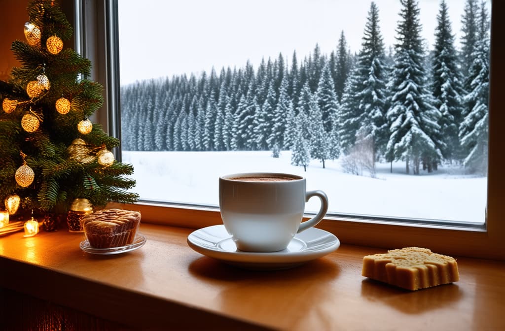  professional detailed photography, christmas card with a cup of coffee and sweets on the windowsill overlooking the winter morning forest outside the window ar 3:2, (muted colors, dim colors, soothing tones), (vsco:0.3)