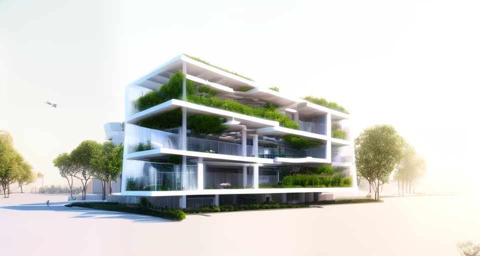 mdjrny-v4 style architecture, high quality, exterior perspective, 3 story rc building, large eaves on the ground floor as an entrance to welcome visitors, balcony with lush vegetation and greenery, modernist architecture, clear blue sky in the background