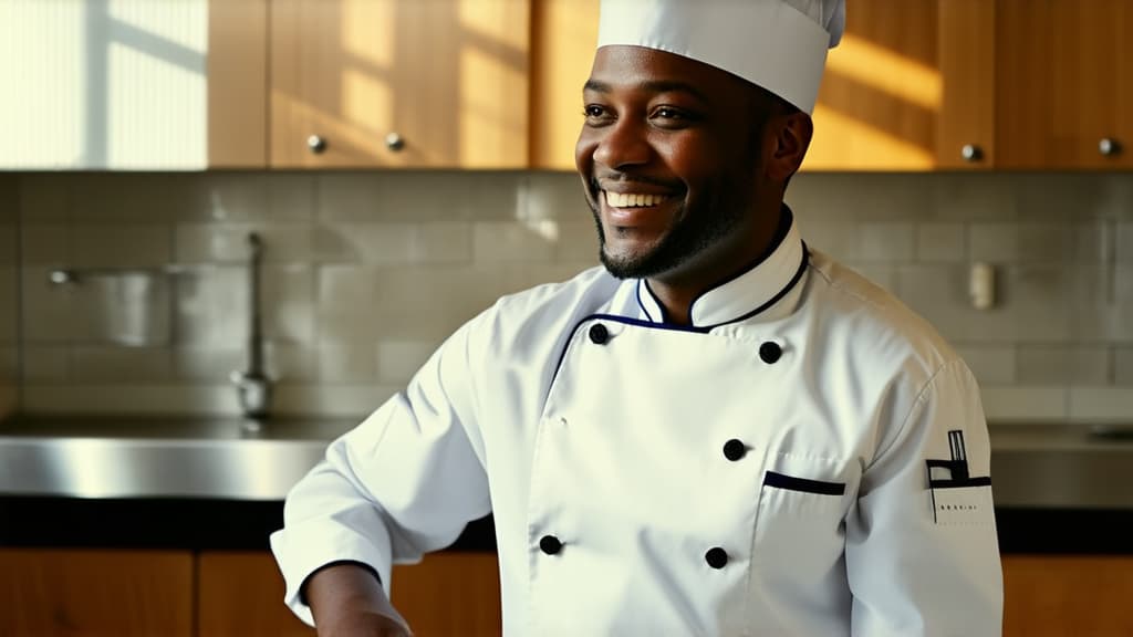  cinematic film style, african chef wearing a chef hat and uniform smiling in a mordern kitchen, warm environment ar 16:9, shallow depth of field, vignette, maximum details, high budget hollywood movie, bokeh, cinemascope, moody, epic, gorgeous, sun rays and shadows on furniture and surfaces, flattering light, raw photo, photography, photorealistic, 8k resolution, f1.4, sharpened focus, sharp focus