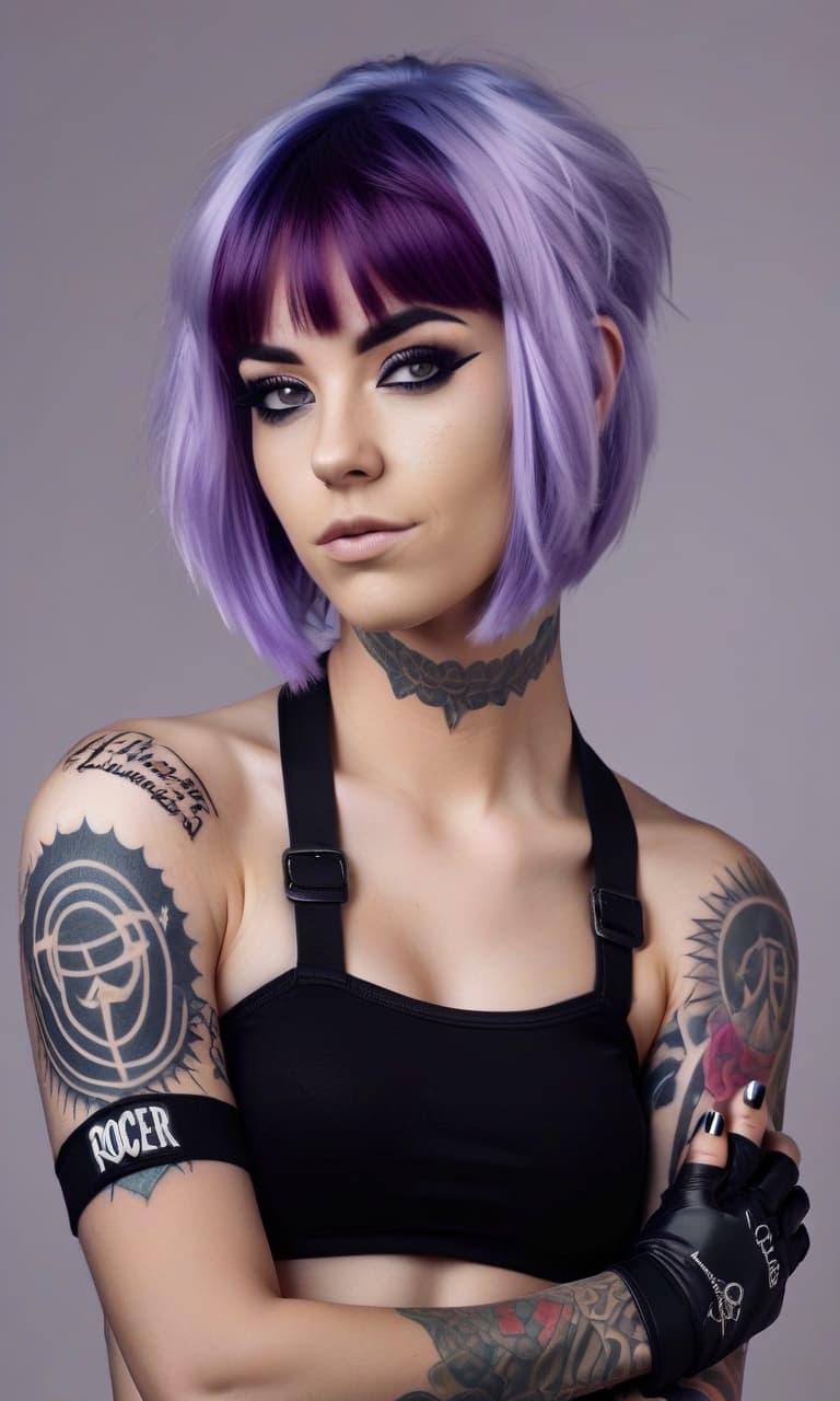  girl with purple hair, bob haircut. white top, tattoos on hands, half gloves. black short shorts, knee pads, knee high boots. rocker girl, logo