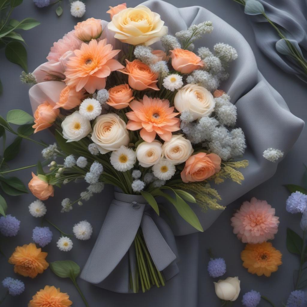  A gray-haired woman in a light coat with a bouquet of flowers. hyperrealistic, full body, detailed clothing, highly detailed, cinematic lighting, stunningly beautiful, intricate, sharp focus, f/1. 8, 85mm, (centered image composition), (professionally color graded), ((bright soft diffused light)), volumetric fog, trending on instagram, trending on tumblr, HDR 4K, 8K