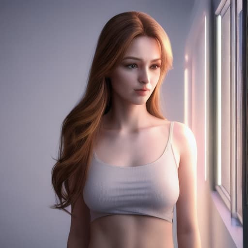  realistic woman, standing, brightly lit room, high resolution, ultra sharp, photorealistic, 8k, natural lighting, elegant pose, long flowing hair, detailed features, realistic skin texture, vibrant colors