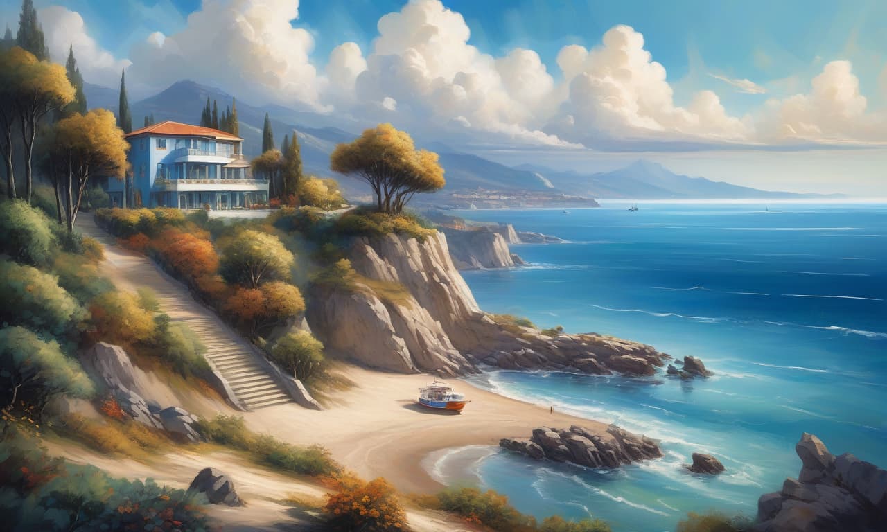  nautical themed masterpiece of painting, oil painting, fine brush, view from a high hill onto a wide sea bay. in the foreground a beautiful modern villa in a futuristic style with large floor to ceiling windows with a high gable tiled roof on the seashore, a small beach, a boat near a small pier, many big trees, in the background are a rocky mountainous mediterranean shore of the sea, blue sky, heap clouds above the sea, sunny day. scene in dynamics. high details, high quality image, color illustration style. . sea, ocean, ships, maritime, beach, marine life, highly detailed