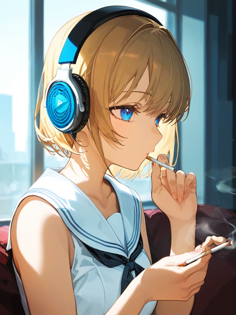  headphones, whole body, blue eyes, blonde bob cut s, white pleated s, white sailor uniforms, s who smoke spider nest on the left arm, with purple rose on the left , ing cigarettes, holding cigarettes, masterpiece, best quality,8k,ultra detailed,high resolution,an extremely delicate and beautiful,hyper detail