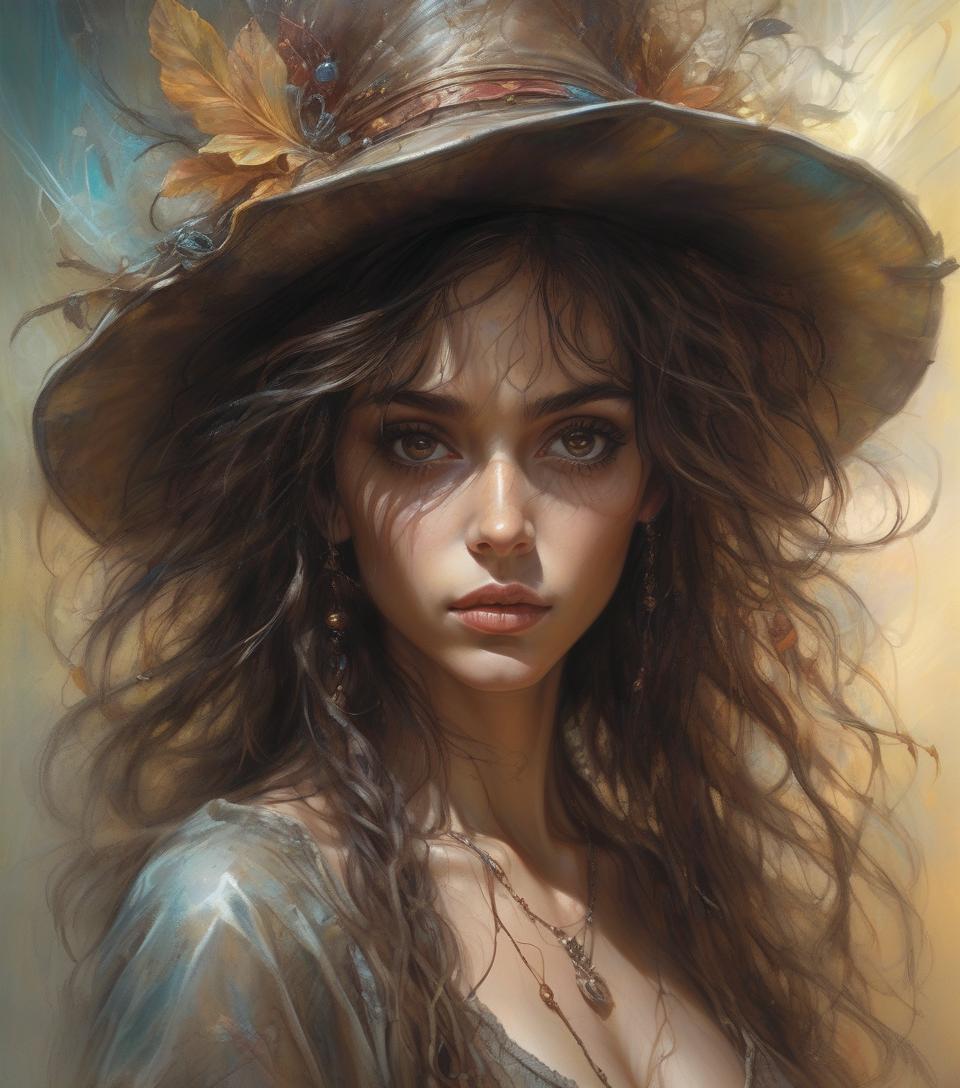  hyper realistic digital painting of beautiful girl, dark brown eyes, mid length messy hair and hat, in a surreal and fantastic setting, combining the artistic styles of jose royo, boris vallejo, julie bell, carne griffiths, and brian froud, precise anatomy, with a centered symmetrical composition, volumetric lighting, rays, vivid colors reflects