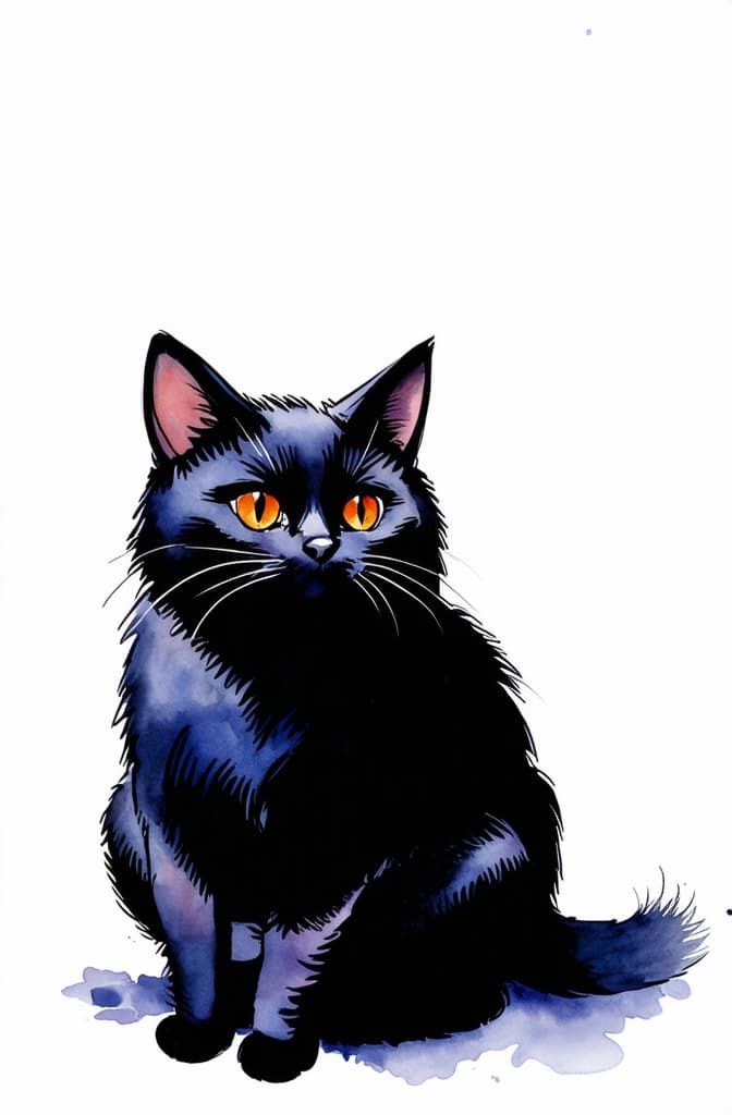  artwork hand drawn watercolor halloween black cat isolated on white background ar 2:3, watercolor techniques, featuring fluid colors, subtle gradients, transparency associated with watercolor art