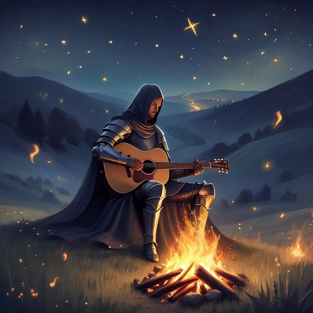  the night came down quietly. the fire smolders away knight sings with guitar a field without an edge a knight sits next to a fire. the echo between the hills fairy tales are born of light it's bright. night and stars