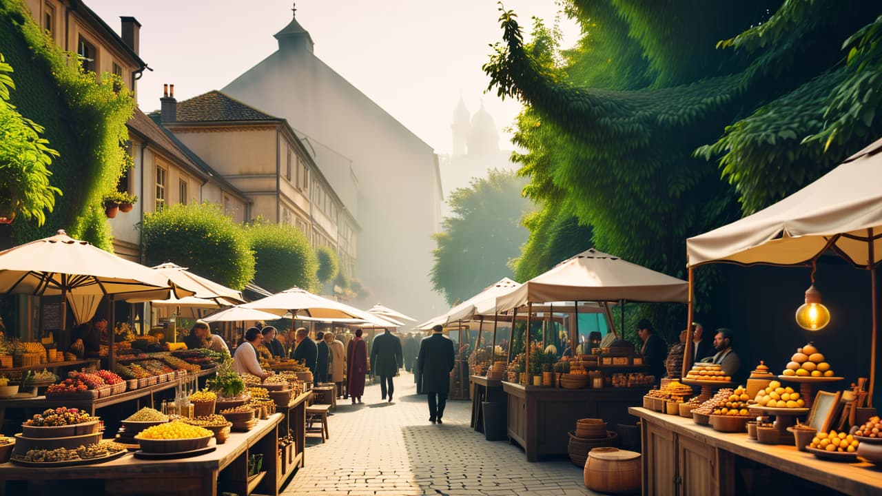  a bustling artisan market scene showcasing beautifully crafted wooden items: intricate furniture, elegant kitchenware, unique toys, and decorative sculptures, all displayed on rustic tables surrounded by vibrant greenery and curious shoppers. hyperrealistic, full body, detailed clothing, highly detailed, cinematic lighting, stunningly beautiful, intricate, sharp focus, f/1. 8, 85mm, (centered image composition), (professionally color graded), ((bright soft diffused light)), volumetric fog, trending on instagram, trending on tumblr, HDR 4K, 8K