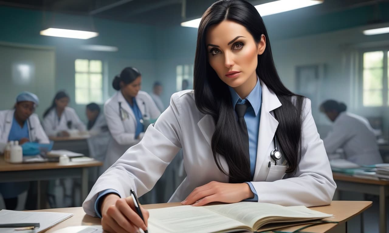  hdr photo of drawing style. a young female doctor in her 30s with long black hair observes what is happening in a deployed medical camp for victims of a zombo virus epidemic and records data . high dynamic range, vivid, rich details, clear shadows and highlights, realistic, intense, enhanced contrast, highly detailed hyperrealistic, full body, detailed clothing, highly detailed, cinematic lighting, stunningly beautiful, intricate, sharp focus, f/1. 8, 85mm, (centered image composition), (professionally color graded), ((bright soft diffused light)), volumetric fog, trending on instagram, trending on tumblr, HDR 4K, 8K