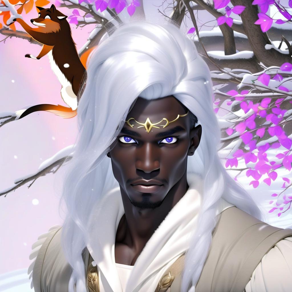  the face of a man of 30 years, black skin, snow white eyes, clear cheekbones, correct shape of the lips, fox eyes, snow white shoulder long hair, body slim and slightly muscular