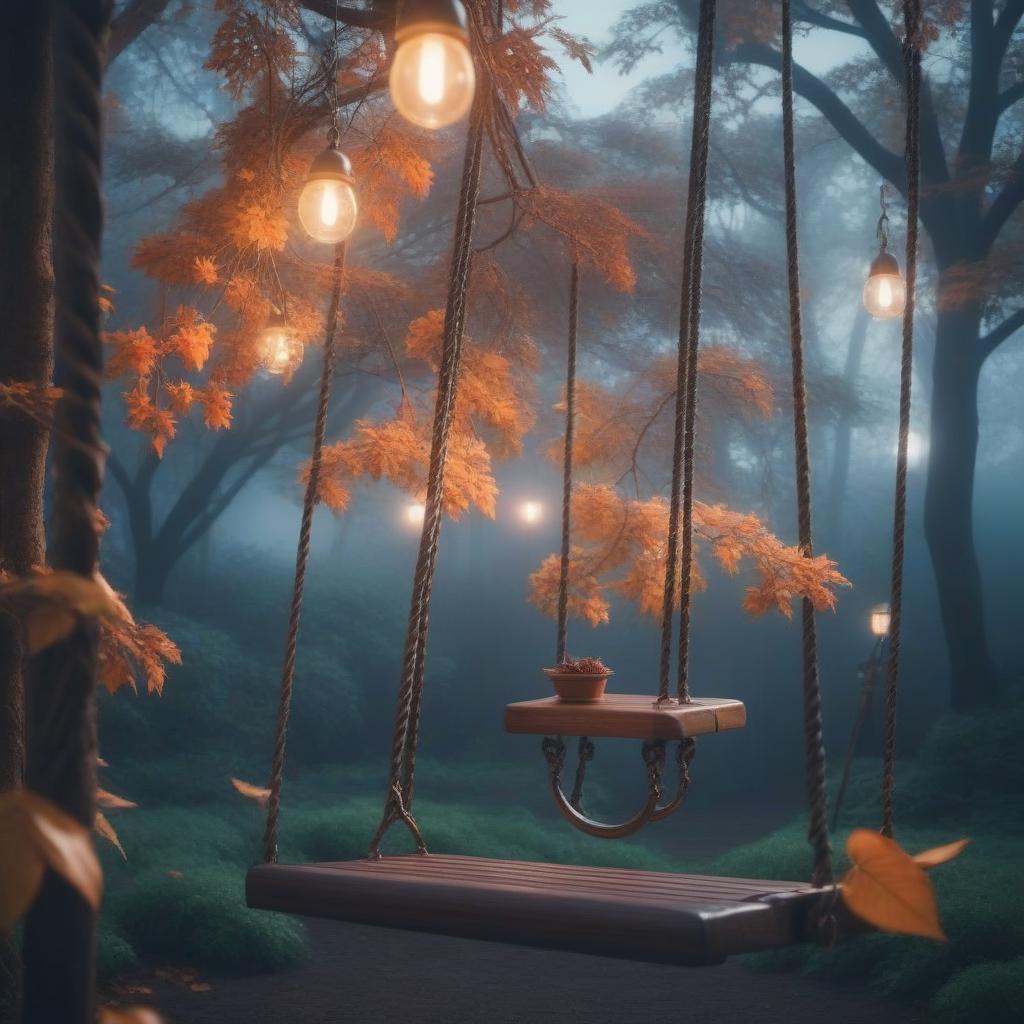  Empty swing hyperrealistic, full body, detailed clothing, highly detailed, cinematic lighting, stunningly beautiful, intricate, sharp focus, f/1. 8, 85mm, (centered image composition), (professionally color graded), ((bright soft diffused light)), volumetric fog, trending on instagram, trending on tumblr, HDR 4K, 8K