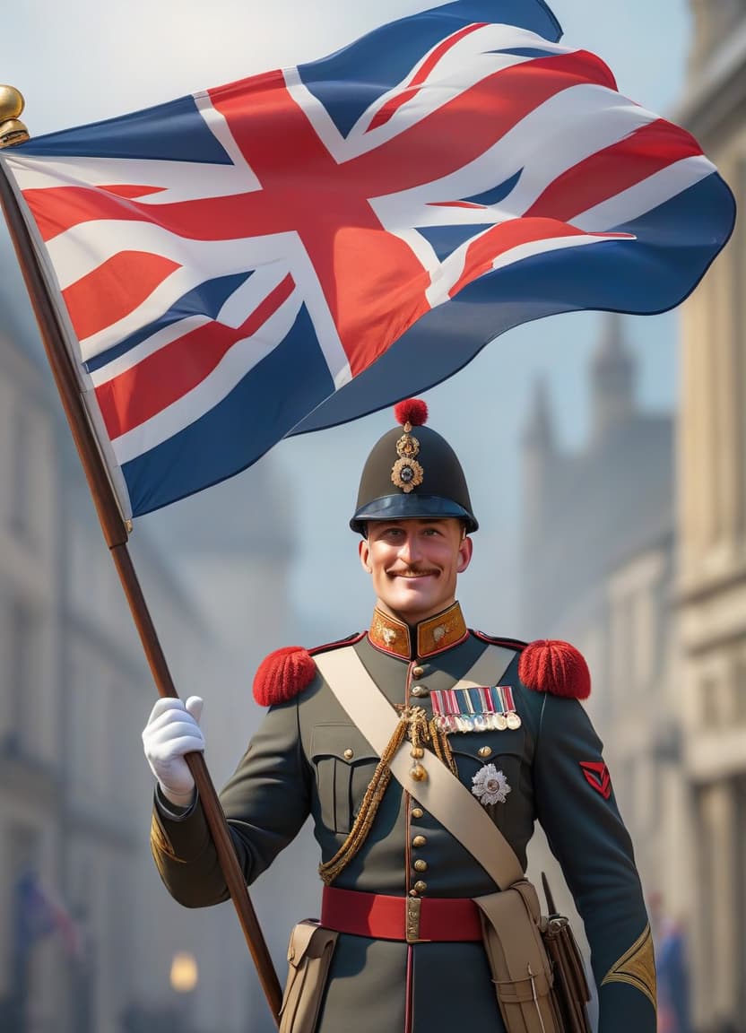  smiling british guardsman in bearskin holds united kingdom flag, drawn cartoon, light background hyperrealistic, full body, detailed clothing, highly detailed, cinematic lighting, stunningly beautiful, intricate, sharp focus, f/1. 8, 85mm, (centered image composition), (professionally color graded), ((bright soft diffused light)), volumetric fog, trending on instagram, trending on tumblr, HDR 4K, 8K