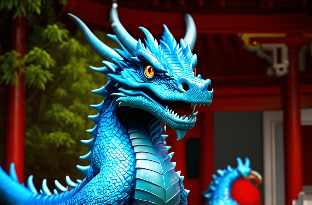  epic realistic, hyperdetailed, (cycles render:1.3), caustics, (glossy:0.58), (artstation:0.82),dragon statue in chinese temple closeup of blue dragon statue ar 3:2