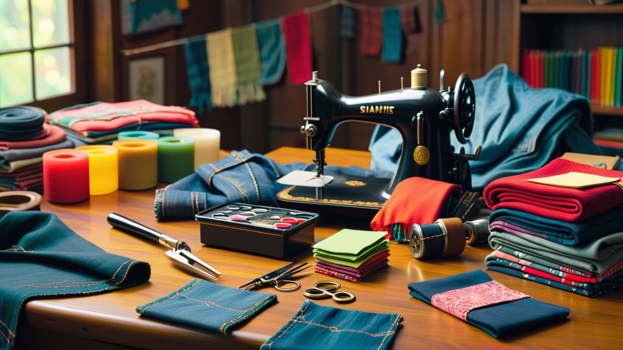  a vibrant workshop scene showcasing hands crafting unique items from old clothing: a patchwork bag, denim coasters, and a colorful scarf, surrounded by sewing tools, fabric scraps, and inspiration boards filled with creative ideas. hyperrealistic, full body, detailed clothing, highly detailed, cinematic lighting, stunningly beautiful, intricate, sharp focus, f/1. 8, 85mm, (centered image composition), (professionally color graded), ((bright soft diffused light)), volumetric fog, trending on instagram, trending on tumblr, HDR 4K, 8K