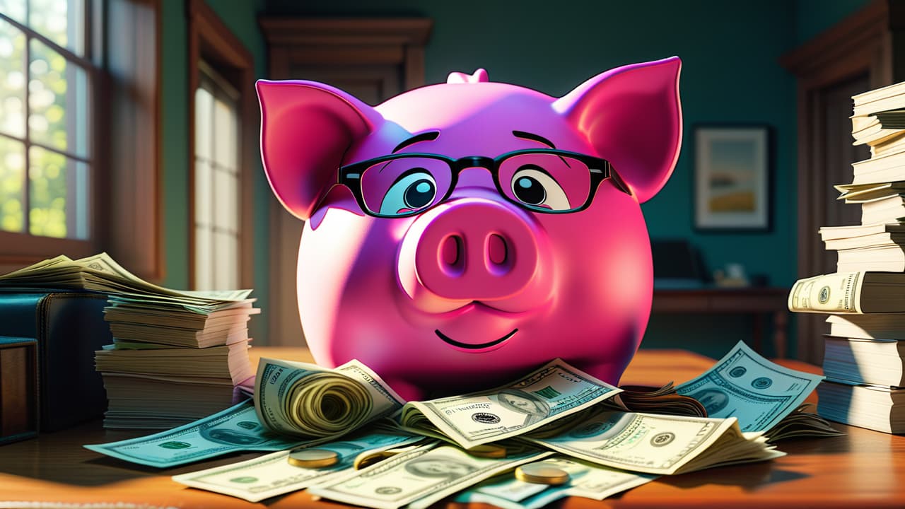  an overflowing piggy bank surrounded by scattered bills, a disorganized budget planner, and a frustrated individual amidst a chaotic home office, reflecting the challenges of the 50/30/20 rule in personal finance management. hyperrealistic, full body, detailed clothing, highly detailed, cinematic lighting, stunningly beautiful, intricate, sharp focus, f/1. 8, 85mm, (centered image composition), (professionally color graded), ((bright soft diffused light)), volumetric fog, trending on instagram, trending on tumblr, HDR 4K, 8K