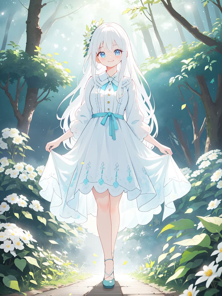  a young , one piece, flower garden, long hair, running, white hair, in the forest, smiling, flower crown, light blue eyes, masterpiece, best quality,8k,ultra detailed,high resolution,an extremely delicate and beautiful,hyper detail hyperrealistic, full body, detailed clothing, highly detailed, cinematic lighting, stunningly beautiful, intricate, sharp focus, f/1. 8, 85mm, (centered image composition), (professionally color graded), ((bright soft diffused light)), volumetric fog, trending on instagram, trending on tumblr, HDR 4K, 8K