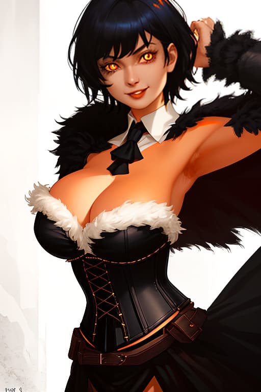  (dark shot:1.1), epic realistic, a beautiful, grown up woman, smiling cheekily. bright orange pupils. short black hair. corset. big chest dark background. a fur collared cape on his shoulders, faded, (neutral colors:1.2), (hdr:1.4), (muted colors:1.2), hyperdetailed, (artstation:1.4), cinematic, warm lights, dramatic light, (intricate details:1.1), complex background, (rutkowski:0.66), (teal and orange:0.4)